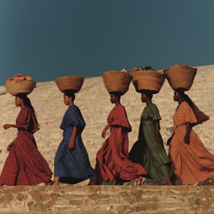 Women carrying woven baskets along a sunlit wall