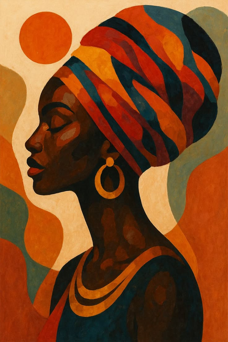 Painted portrait of a woman in a patterned headwrap